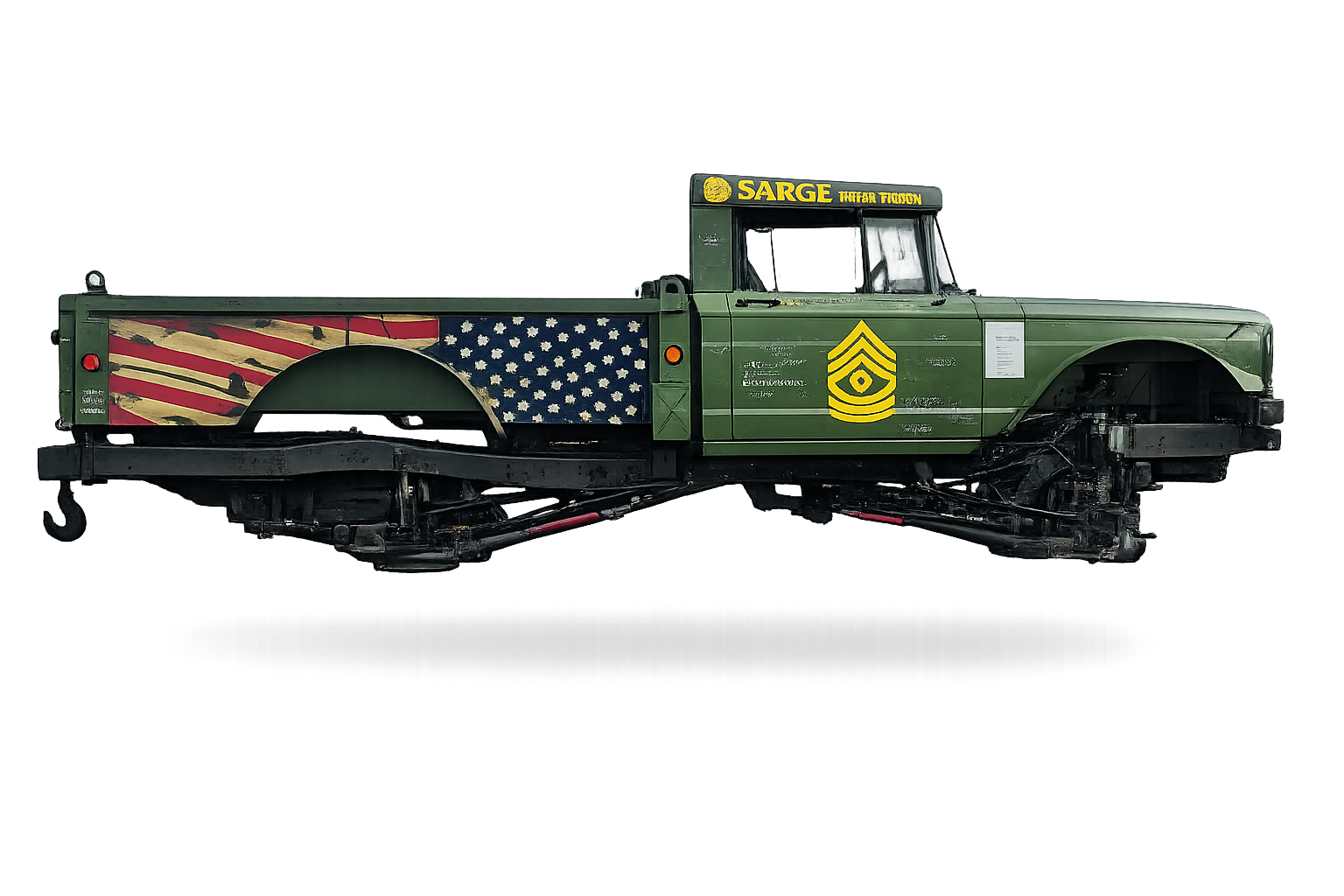 Sarge the Megatruck, an olive-drab military truck on giant tires